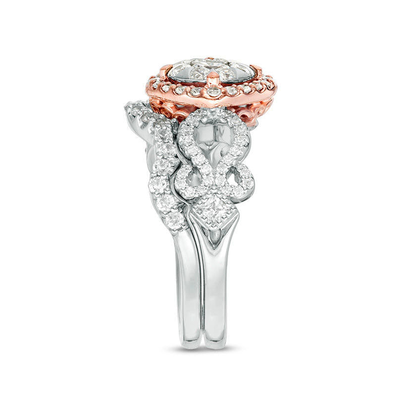 1.25 CT. T.W. Natural Diamond Tilted Cushion Frame Antique Vintage-Style Bridal Engagement Ring Set in Solid 10K Two-Tone Gold