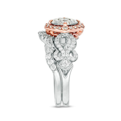 1.25 CT. T.W. Natural Diamond Tilted Cushion Frame Antique Vintage-Style Bridal Engagement Ring Set in Solid 10K Two-Tone Gold