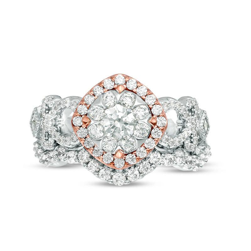 1.25 CT. T.W. Natural Diamond Tilted Cushion Frame Antique Vintage-Style Bridal Engagement Ring Set in Solid 10K Two-Tone Gold