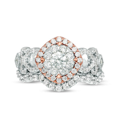 1.25 CT. T.W. Natural Diamond Tilted Cushion Frame Antique Vintage-Style Bridal Engagement Ring Set in Solid 10K Two-Tone Gold