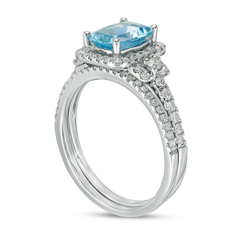 Cushion-Cut Aquamarine and 0.50 CT. T.W. Natural Diamond Frame Bridal Engagement Ring Set in Solid 14K White Gold