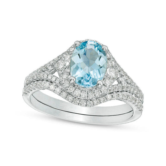 Oval Aquamarine and 0.50 CT. T.W. Natural Diamond Frame Bridal Engagement Ring Set in Solid 14K White Gold