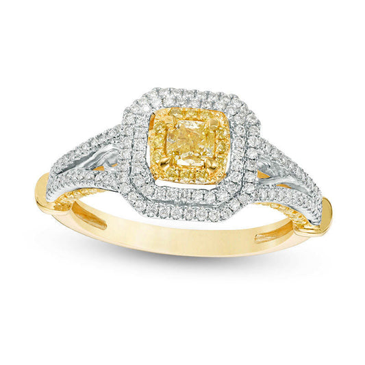 1.0 CT. T.W. Cushion-Cut Yellow and White Natural Diamond Triple Frame Engagement Ring in Solid 14K Two Tone Gold - Size 7