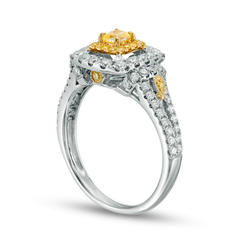 1.25 CT. T.W. Cushion-Cut Yellow and White Natural Diamond Double Frame Collar Engagement Ring in Solid 14K Two Tone Gold - Size 7