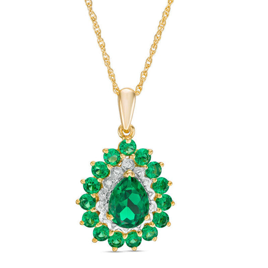 Pear-Shaped Lab-Created Emerald and Diamond Accent Bead Double Frame Pendant in 10K Yellow Gold