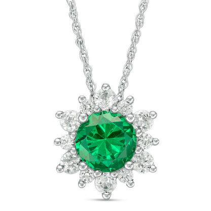7.0mm Lab-Created Emerald and White Sapphire Sunburst Frame Pendant in Sterling Silver