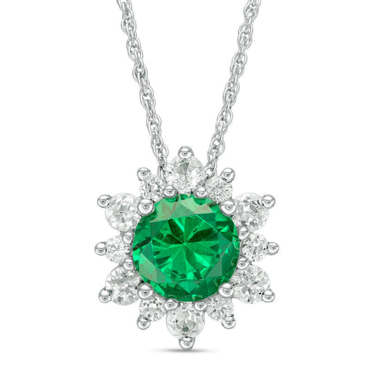 7.0mm Lab-Created Emerald and White Sapphire Sunburst Frame Pendant in Sterling Silver