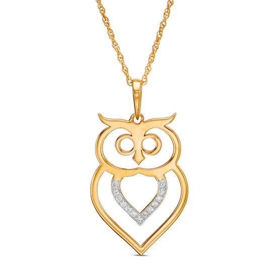 0.05 CT. T.W. Natural Diamond Laser-Cut Owl Pendant in 10K Yellow Gold