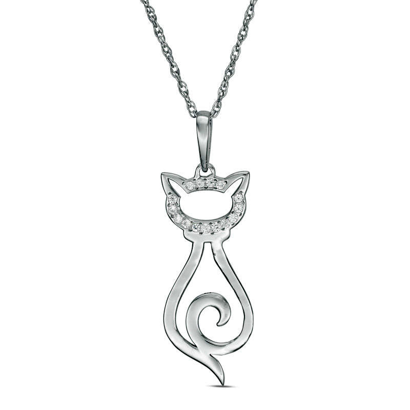 0.05 CT. T.W. Natural Diamond Laser-Cut Cat Pendant in 10K White Gold