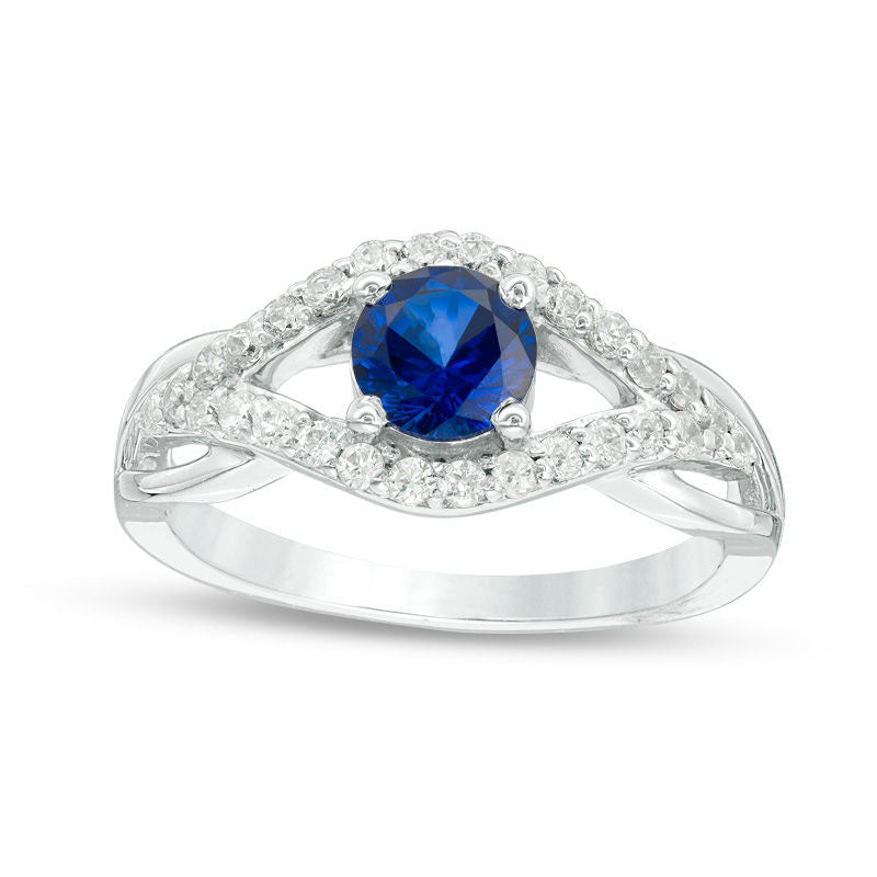 5.5mm Lab-Created Blue Sapphire and 0.33 CT. T.W. Diamond Split Shank Engagement Ring in Solid 10K White Gold