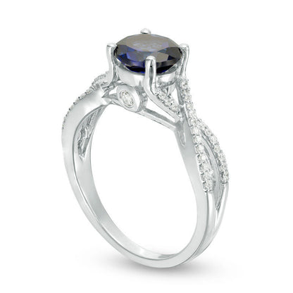 7.0mm Lab-Created Blue Sapphire and 0.17 CT. T.W. Diamond Twist Shank Engagement Ring in Solid 10K White Gold
