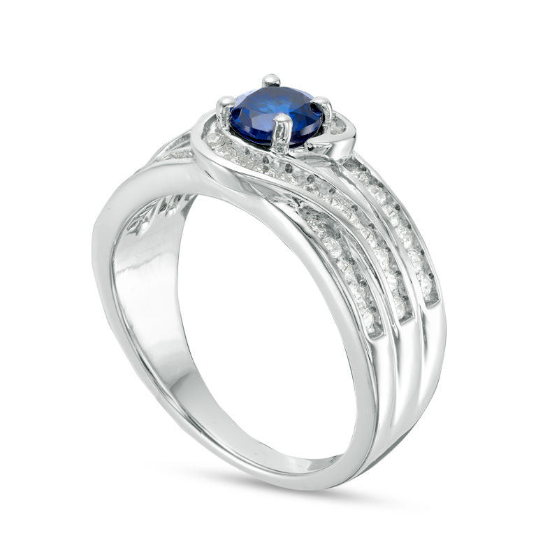 5.0mm Lab-Created Blue Sapphire and 0.33 CT. T.W. Diamond Swirl Bypass Engagement Ring in Sterling Silver