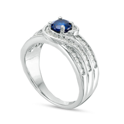 5.0mm Lab-Created Blue Sapphire and 0.33 CT. T.W. Diamond Swirl Bypass Engagement Ring in Sterling Silver
