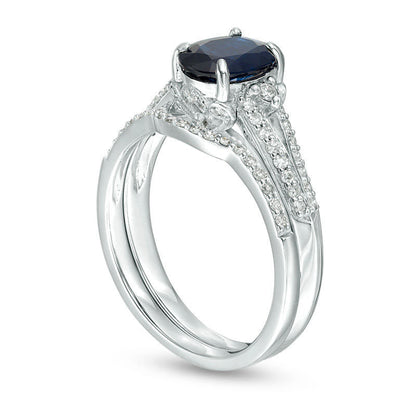 Oval Blue Sapphire and 0.33 CT. T.W. Natural Diamond Bridal Engagement Ring Set in Solid 14K White Gold