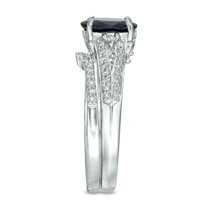 Oval Blue Sapphire and 0.33 CT. T.W. Natural Diamond Bridal Engagement Ring Set in Solid 14K White Gold