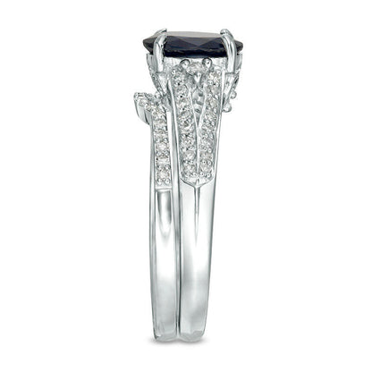 Oval Blue Sapphire and 0.33 CT. T.W. Natural Diamond Bridal Engagement Ring Set in Solid 14K White Gold