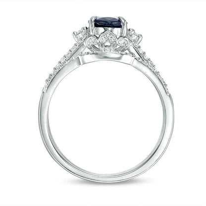 Oval Blue Sapphire and 0.33 CT. T.W. Natural Diamond Bridal Engagement Ring Set in Solid 14K White Gold