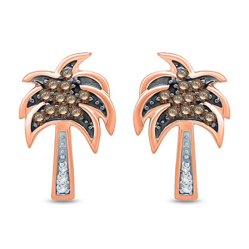 0.13 CT. T.W. Champagne and White Diamond Palm Tree Stud Earrings in 10K Rose Gold