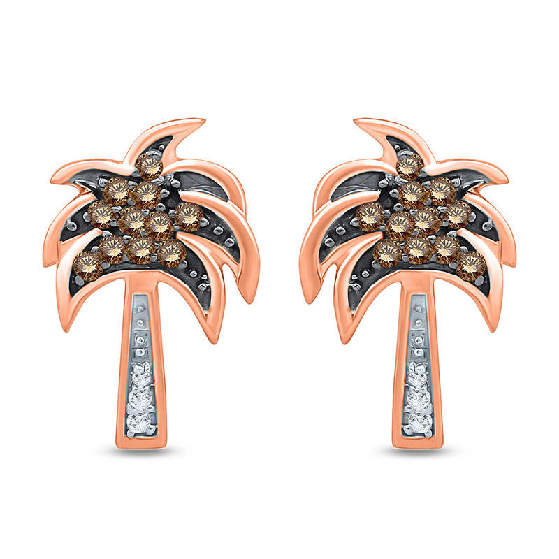 0.13 CT. T.W. Champagne and White Diamond Palm Tree Stud Earrings in 10K Rose Gold