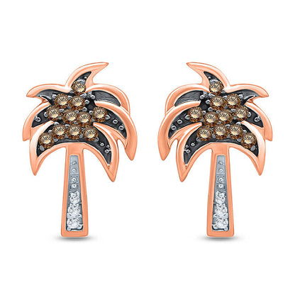 0.13 CT. T.W. Champagne and White Diamond Palm Tree Stud Earrings in 10K Rose Gold