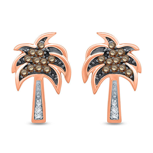 0.13 CT. T.W. Champagne and White Diamond Palm Tree Stud Earrings in 10K Rose Gold