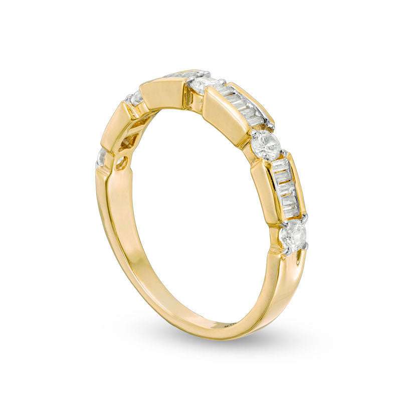 0.50 CT. T.W. Baguette and Round Natural Diamond Alternating Wedding Band in Solid 10K Yellow Gold