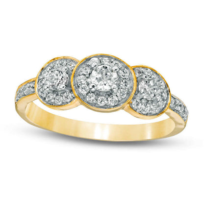 0.50 CT. T.W. Natural Diamond Three Stone Frame Engagement Ring in Solid 10K Yellow Gold