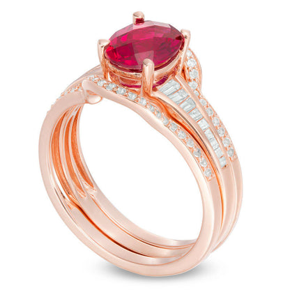 Oval Lab-Created Ruby and White Sapphire Bridal Engagement Ring Set in Sterling Silver with Rose Rhodium