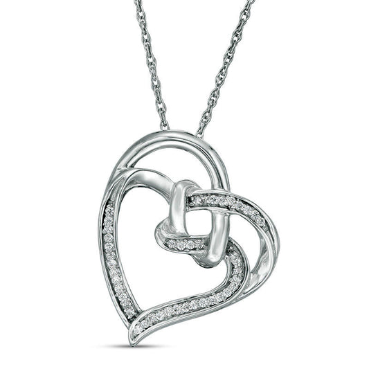 0.07 CT. T.W. Natural Diamond Love Knot Double Tilted Heart Pendant in Sterling Silver