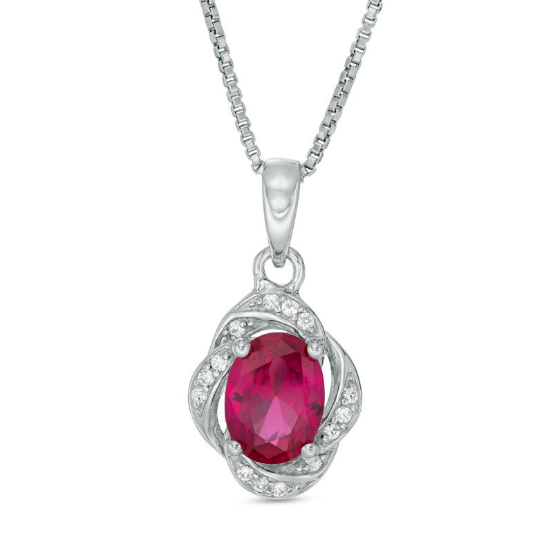Oval Lab-Created Ruby and White Sapphire Swirl Frame Drop Pendant in Sterling Silver