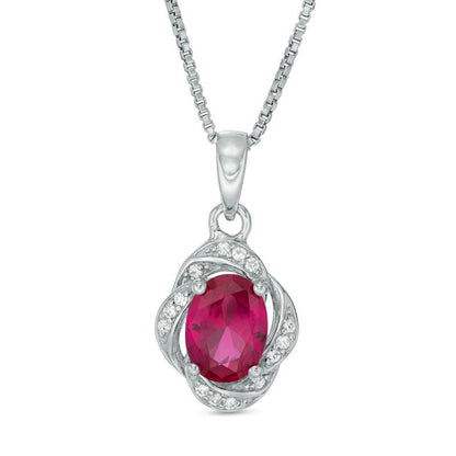 Oval Lab-Created Ruby and White Sapphire Swirl Frame Drop Pendant in Sterling Silver