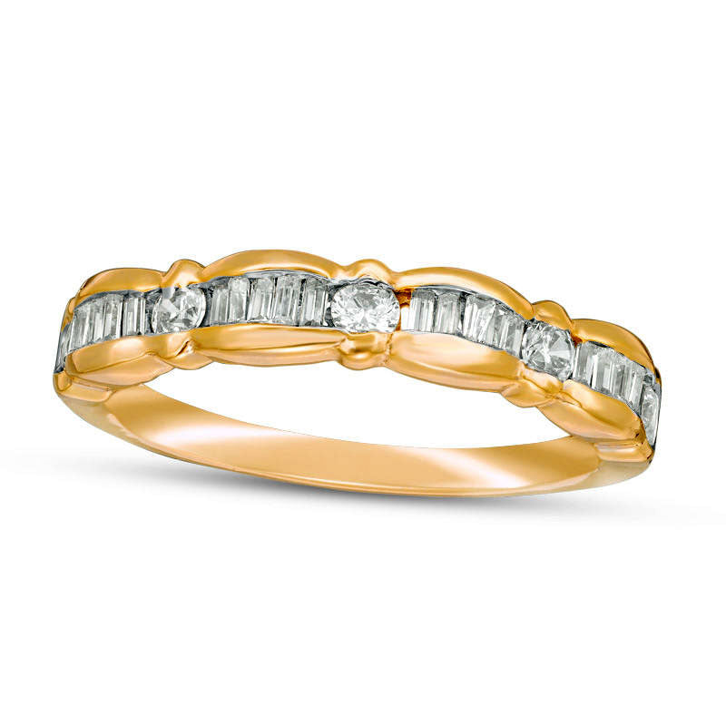 0.33 CT. T.W. Baguette and Round Natural Diamond Scallop Wedding Band in Solid 10K Yellow Gold