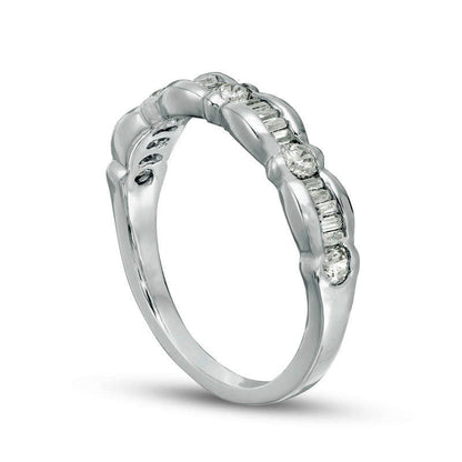 0.33 CT. T.W. Baguette and Round Natural Diamond Scallop Wedding Band in Solid 10K White Gold