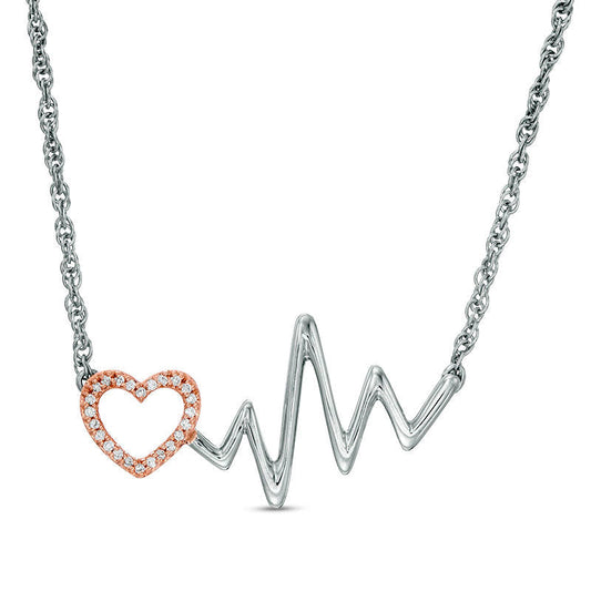 0.05 CT. T.W. Natural Diamond Heartbeat and Heart Necklace in Sterling Silver and 10K Rose Gold - 17"