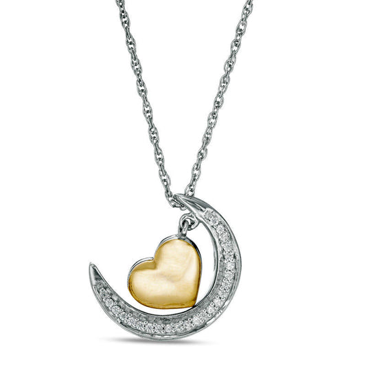 0.07 CT. T.W. Natural Diamond Crescent Moon and Heart Dangle Love" Message Pendant in Sterling Silver and 10K Yellow Gold"