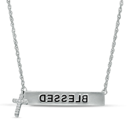 Natural Diamond Accent BLESSED" Bar and Cross Charm Necklace in Sterling Silver - 17""