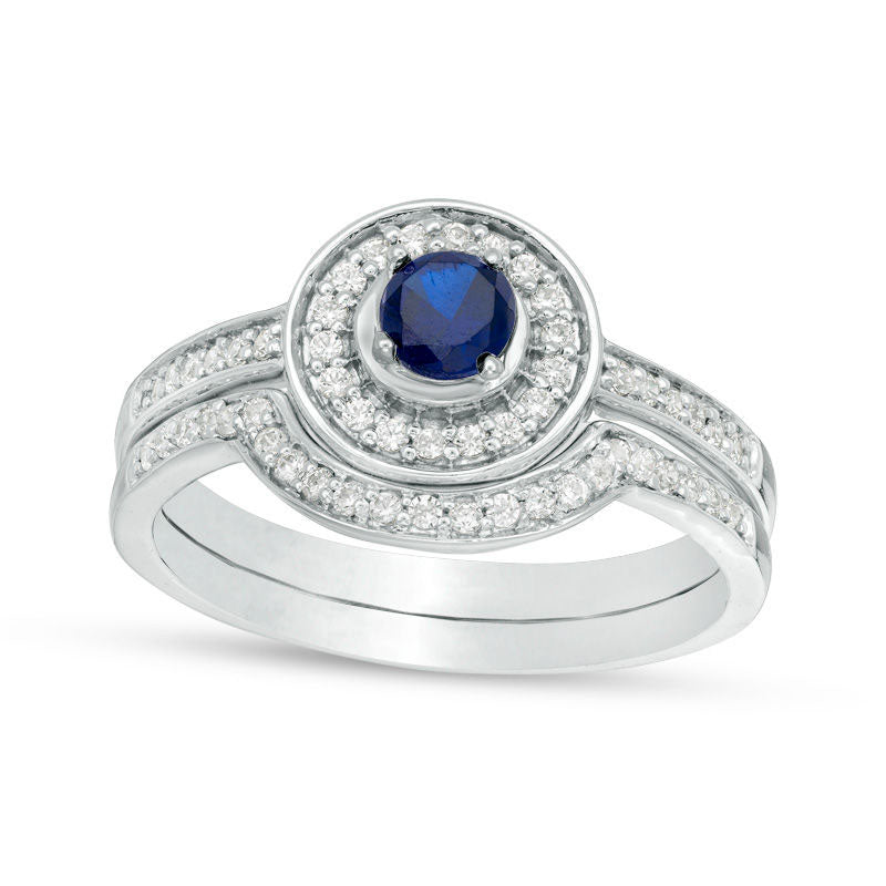 4.0mm Lab-Created Blue Sapphire and 0.25 CT. T.W. Diamond Frame Bridal Engagement Ring Set in Solid 10K White, Yellow or Rose Gold