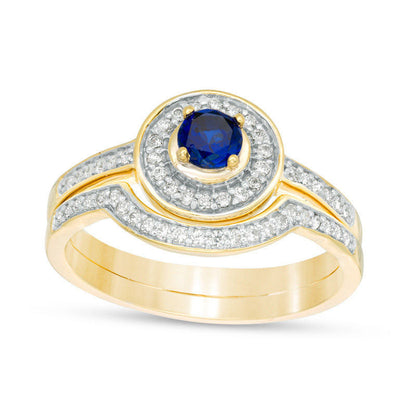 4.0mm Lab-Created Blue Sapphire and 0.25 CT. T.W. Diamond Frame Bridal Engagement Ring Set in Solid 10K White, Yellow or Rose Gold