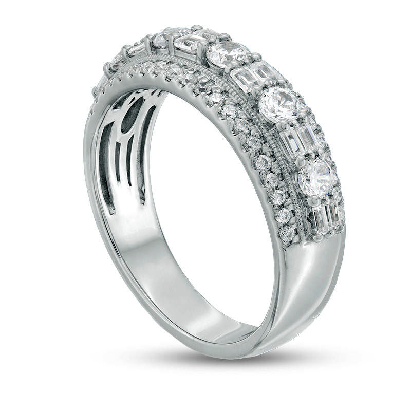 1.0 CT. T.W. Baguette and Round Natural Diamond Alternating Antique Vintage-Style Anniversary Band in Solid 14K White Gold
