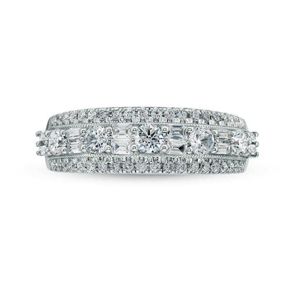 1.0 CT. T.W. Baguette and Round Natural Diamond Alternating Antique Vintage-Style Anniversary Band in Solid 14K White Gold