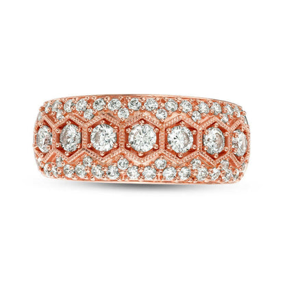 1.0 CT. T.W. Natural Diamond Seven Stone Hexagon Frame Antique Vintage-Style Anniversary Band in Solid 10K Rose Gold