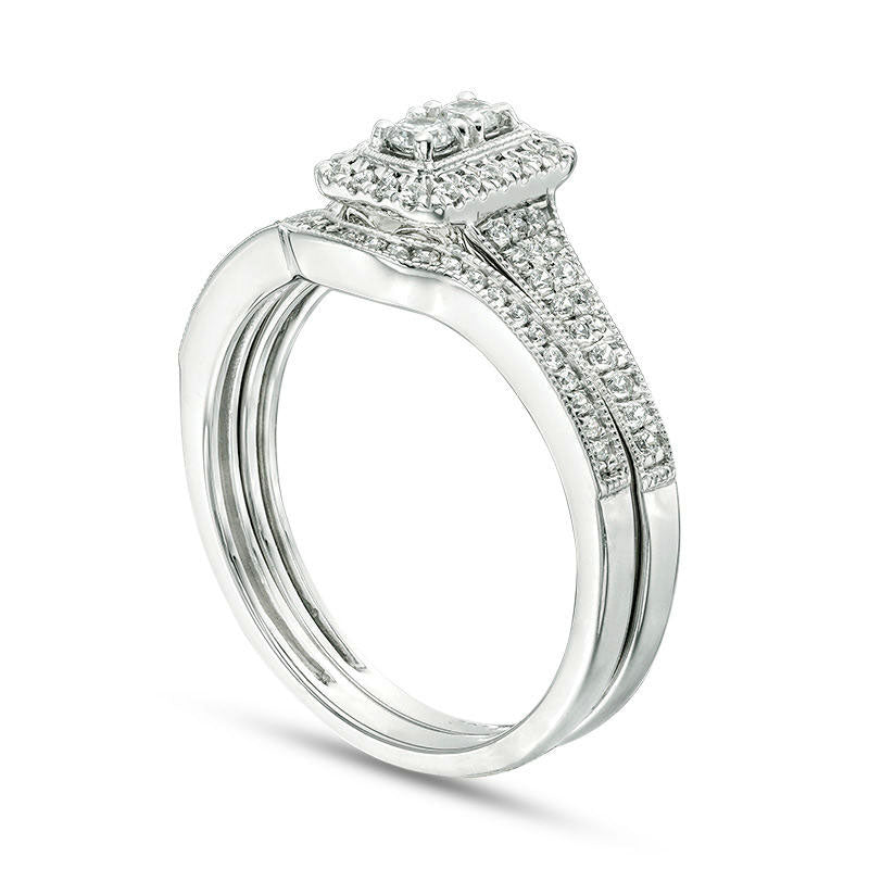 0.38 CT. T.W. Natural Diamond Rectangle Frame Antique Vintage-Style Bridal Engagement Ring Set in Solid 14K White Gold