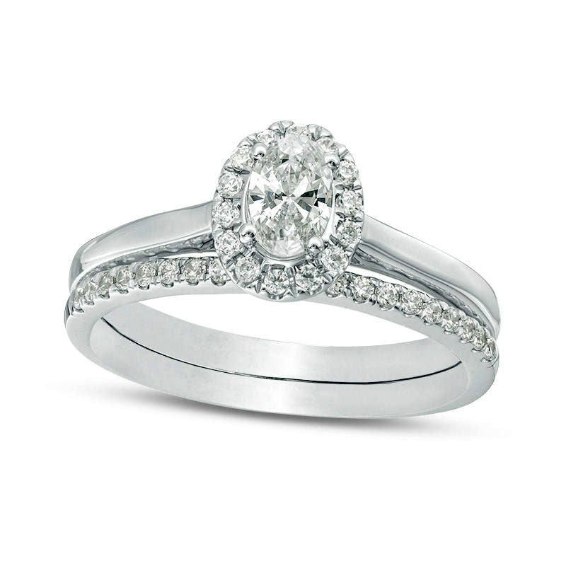 0.75 CT. T.W. Oval Natural Diamond Frame Bridal Engagement Ring Set in Solid 14K White Gold