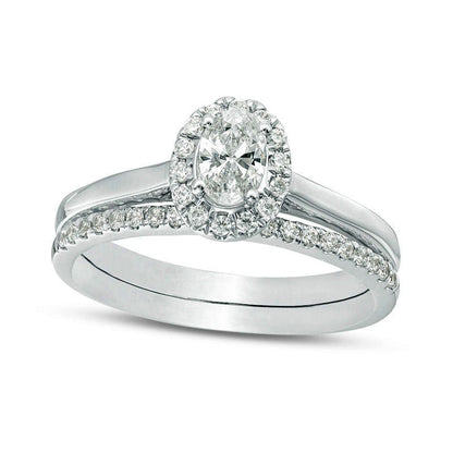 0.75 CT. T.W. Oval Natural Diamond Frame Bridal Engagement Ring Set in Solid 14K White Gold