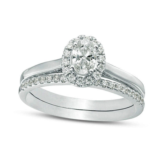 0.75 CT. T.W. Oval Natural Diamond Frame Bridal Engagement Ring Set in Solid 14K White Gold