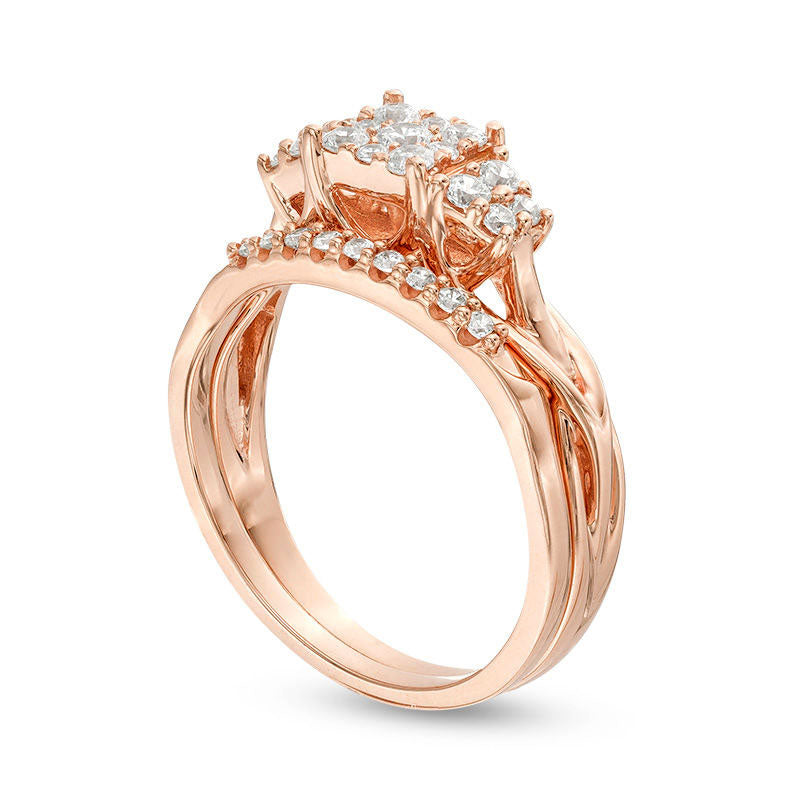 0.50 CT. T.W. Natural Diamond Square Frame Quad-Sides Bridal Engagement Ring Set in Solid 14K Rose Gold