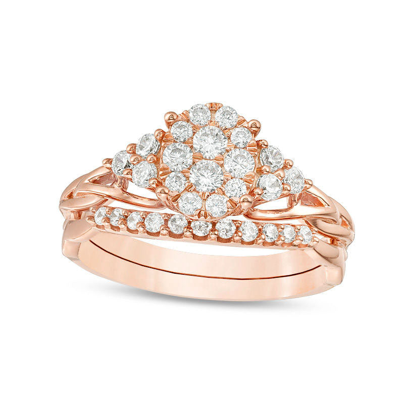 0.63 CT. T.W. Composite Natural Diamond Oval Tri-Sides Layered Braid Shank Bridal Engagement Ring Set in Solid 14K Rose Gold