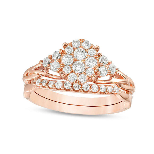 0.63 CT. T.W. Composite Natural Diamond Oval Tri-Sides Layered Braid Shank Bridal Engagement Ring Set in Solid 14K Rose Gold