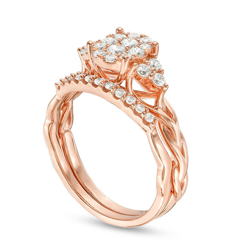 0.63 CT. T.W. Composite Natural Diamond Oval Tri-Sides Layered Braid Shank Bridal Engagement Ring Set in Solid 14K Rose Gold