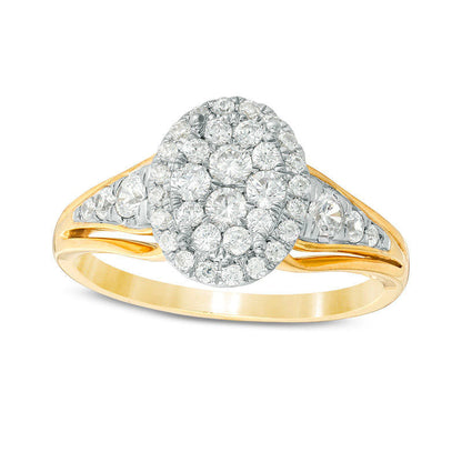 0.75 CT. T.W. Composite Natural Diamond Oval Frame Engagement Ring in Solid 14K Two-Tone Gold